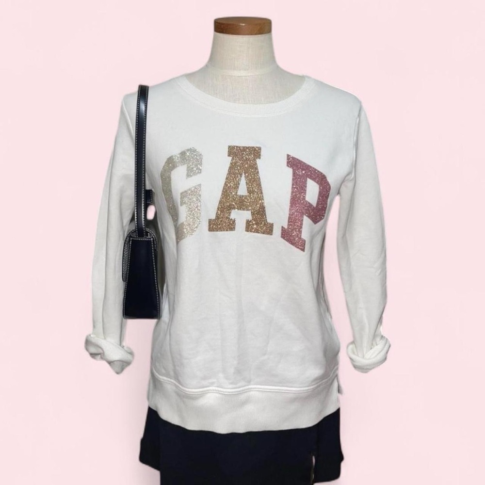 GAP Fleece-Lined Glitter Logo Sweatshirt Size M in White